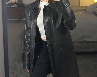 Classic Vintage Black Leather Trench Coat – Women Long Leather Coat - Sophistication Meets Timeless Style