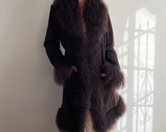 Women Penny Lane Coat | Mongolian Fur Coat Afghan Coat 70s Brown Suede Fur Coat | Boho Hippie Sheepskin Coat Shearling Jacket  Almost Famous