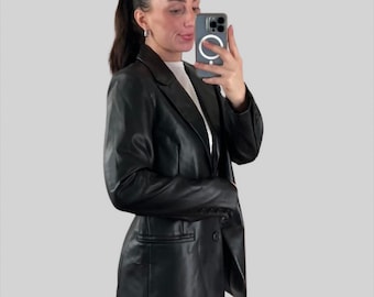 1980s Vintage Style Black Genuine Leather Blazer for Women – Oversized Retro Power Blazer | Real Leather Statement Jacket