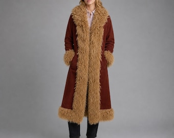 1970s Penny Lane Coat Womens | Retro Shearling Fur Trim Afghan Suede Coat | Vintage Hippie Y2k  Winter Long Jacket