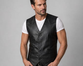 Men's Black Leather Vest | Vintage 90s Leather Biker Vest | Slim Fit Sheepskin Leather Waistcoat Gift for Him