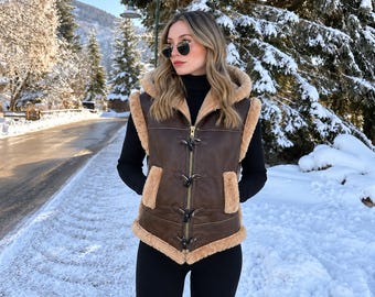 Women’s Vintage Shearling Leather Vest | Genuine Brown Sheepskin Faux Fur Waistcoat | Luxury Hooded Bohemian Leather Outerwear