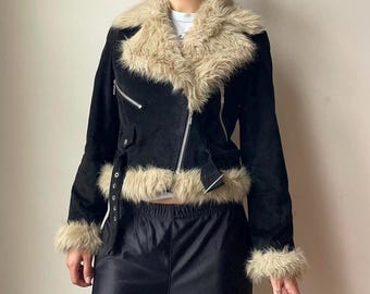 Vintage Real Suede Leather Shearling Jacket – 70s Style Penny Lane Coat – Women’s Winter Sheepskin Jacket