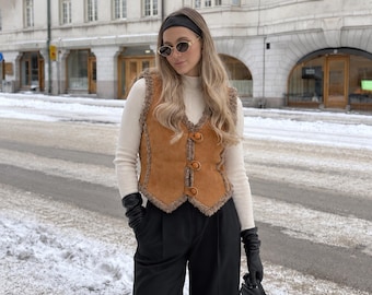 Suede Shearling Vest Women | Boho 70s Faux Fur Leather Waistcoat | Vintage Winter Gift for Everyone