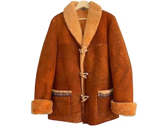 Abrigo de piel de oveja para mujer, abrigo de piel de ante marrón, abrigo de piel de oveja estilo bomber, abrigo de piel vintage de los años 70.