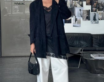 Blazer en daim vintage pour femme - Veste en daim bleue des années 90 - Cadeau pour elle