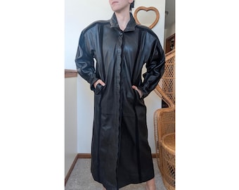 Women's Black Genuine Leather Long Coat Classic 90's  Suede Panel Detailing  Black Trench Coat Women Gift For Her