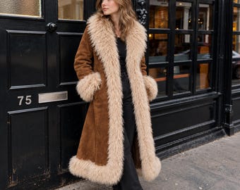 Women's Vintage Brown Penny Lane Coat  | 70s Afghan Style Shearling Coat | Genuine Suede Leather Bohemian Winter Coat