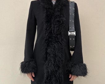 Women Vintage Penny Lane Real Wool Coat Black Fur Trim  Boho Almost Famous Winter