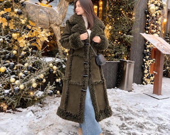 Olive Green Suede Leather Penny Lane Coat | Women Long 80s Afghan Shearling Fur Collar Coat | Y2k Winter Vintage Jacket | Gift For Her