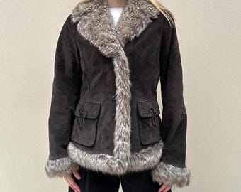 Penny Lane veste manteau afghan en cuir véritable daim - veste en peau de mouton retournée bordée de fourrure vintage des années 90 - manteau bohème de fourrure véritable - veste d'hiver pour femme