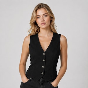 May include: A sleeveless black waistcoat featuring a deep V-neckline and a front button closure with four circular silver-toned metal buttons. The garment is constructed with a tailored fit, defined by vertical seams that contour the torso.