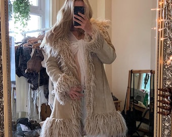 Penny Lane Coat Afghan Coat Women Sheepskin Coat Vintage 70s Fur Coat Boho Hippie Suede Fur Coat Real Mongolian Fur Coat