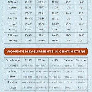 Puede incluir: Un gr&aacute;fico que muestra las medidas de las mujeres en pulgadas y cent&iacute;metros. El gr&aacute;fico incluye el rango de tallas, el busto, la cintura, las caderas, las mangas y los hombros.