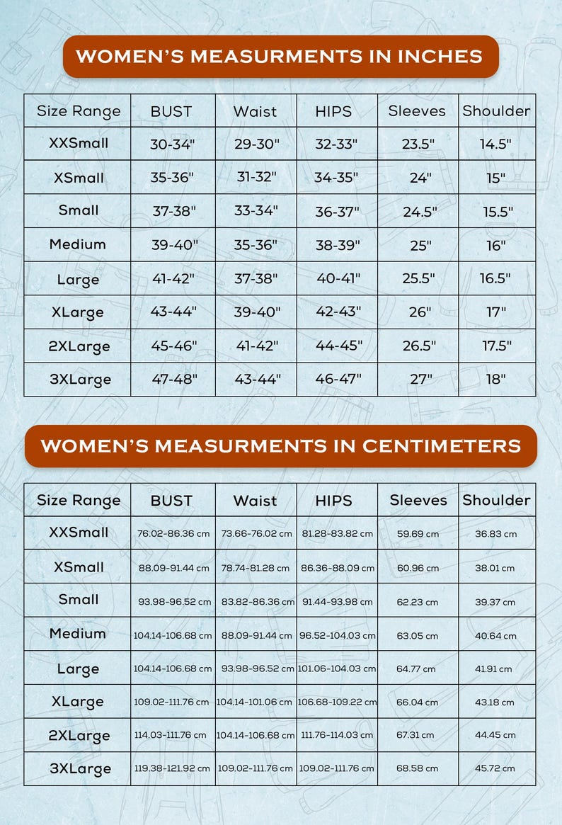 Puede incluir: Un gr&aacute;fico que muestra las medidas de las mujeres en pulgadas y cent&iacute;metros. El gr&aacute;fico incluye el rango de tallas, el busto, la cintura, las caderas, las mangas y los hombros.