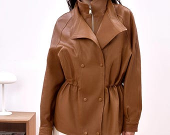 Vintage Women's Brown Leather Coat | 70s  Double Breasted Sheepskin Overcoat |  Y2k Retro Style Handmade Leather Jacket