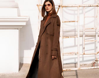 Women Brown Suede Trench Coat - Long Suede Leather Coat - Double Breasted Coat - Vintage Leather Overcoat - Gift For Her