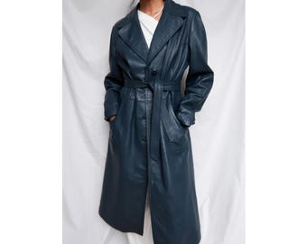 Blue Leather Trench Vintage 70's Coat Women Trench Coat Genuine Leather Jacket Long Coat Double Breast Trench Coat Women Long Leather Coat