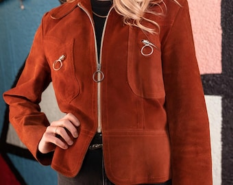 Blouson aviateur en daim vintage des années 1970 - Blouson en cuir véritable marron pour femme - Blouson à basque en daim avec tirettes circulaires