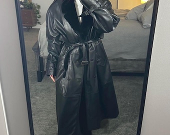 Womens Leather Coat Vintage Long Leather Trench Coat Black Faux Fur Sheepskin Coat Full Length Belted Coat