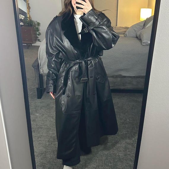 Damen Ledermantel Vintage Langer Leder Trenchcoat Schwarzer