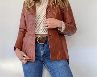 Vintage Brown Leather Blazer - 70s Genuine Leather Jacket - Women Lambskin Jacket