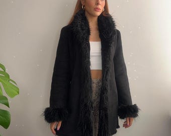 Vintage 1980s Penny Lane Coat Real Suede Afghan Jacket  Fur Trim Black Boho Shearling