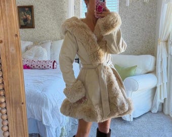 Vintage 70s Hooded Penny Lane Coat Women's | Beige Suede Shearling Afghan Belted Mid Length Coat | Bohemian Winter Outerwear Overcoat