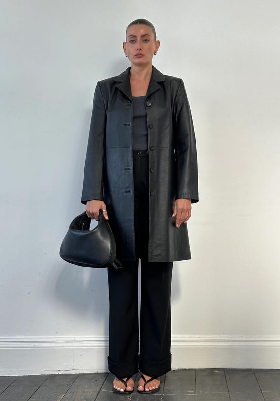 Womens Black Leather Coat Minimalist Classic Tailored Outerwear | Gift For Her