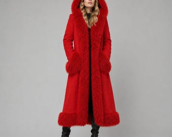 1970s Penny Lane Afghan Coat | Women's Red Suede Leather Shearling Coat | Vintage Faux Fur Boho Winter Over Coat