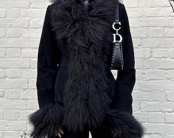Frauen Penny Lane Mantel - Schwarzer afghanischer Mantel mit echtem mongolischen Lammpelz | Boho Hippie Schaffell Mantel | 70er Jahre Lammfell Jacke Luxuriöser Mantel