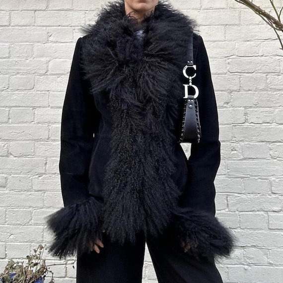 Women Penny Lane Coat - Black Afghan Coat Genuine Mongolian Lamb Fur Trim | Boho Hippie Sheepskin Coat | 70s Shearling Jacket Luxurious Coat