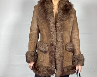 manteau Penny Lane vintage des années 70 - veste afghane en daim véritable marron avec bordure en fourrure véritable - veste bohème en peau de mouton retournée pour femme - cadeau pour elle