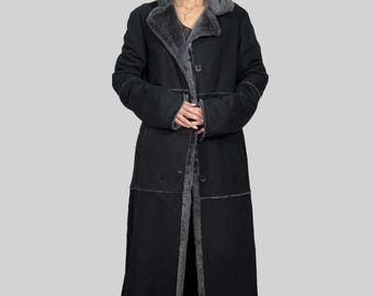Vintage Black Shearling Coat | Penny Lane Long Winter Trench | 90s Boho Black Fur Coat | Women's Suede Leather Overcoat