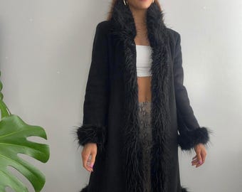 Vintage 1970s Penny Lane Afghan Coat  | Women Real Suede Trim Shearling Boho Faux Fur Coat | Gift For Her