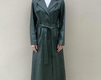 Vintage 90s Green Leather Trench Coat – Genuine Leather Long Belted Coat for Women