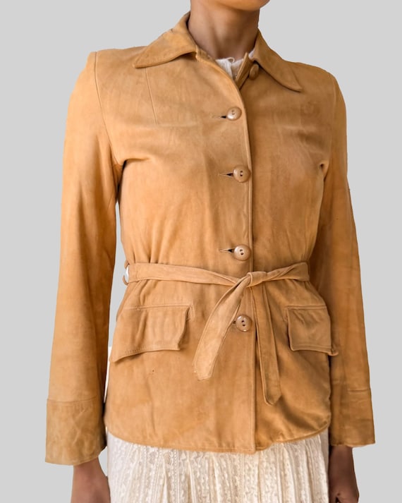 Women's Tan Suede Safari Jacket Vintage Belted Genuine Suede