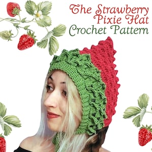 May include: A red and green crocheted strawberry pixie hat. The hat is red with a green brim and is designed to resemble a strawberry. The text "The Strawberry Pixie Hat Crochet Pattern" is displayed in the image.