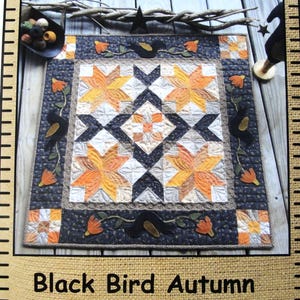 Black Bird Autumn Quilt Kit - Patchwork & Wool Applique Table Topper, Wall Quilt, includes Fabric, Pattern