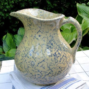 May include: A vintage-style ceramic pitcher with a cream-colored base and a speckled blue pattern. The pitcher has a curved handle and a spout for pouring. It is sitting on a white and blue checkered cloth, with greenery in the background.