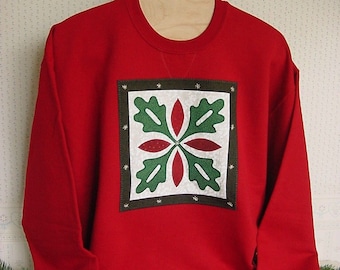 Quilt Square Applique Sweatshirt - Hand Embroidered, Appliqued and Quilted on Rosy Cranberry Red Shirt - Size M or L Large