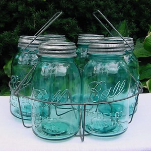6 Blue Ball Mason Jars with Zinc Lids in Metal Canning Holder - Canisters or Instant Display Collection - Vintage Quart Size Canning Jars