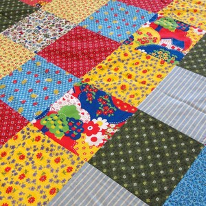 Vintage 70s Patchwork Quilt Top - Colorful Cotton Fabrics, Calico Florals, Paisleys, Novelty Prints - 53 x 97