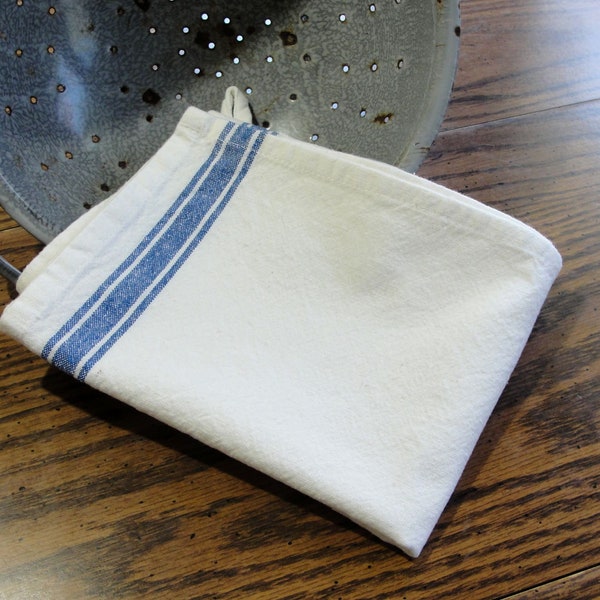 Vintage Dish Towel with Blue Stripes - Farmhouse Grain Sack Kitchen Tea Towel, Embroidery Fabric,