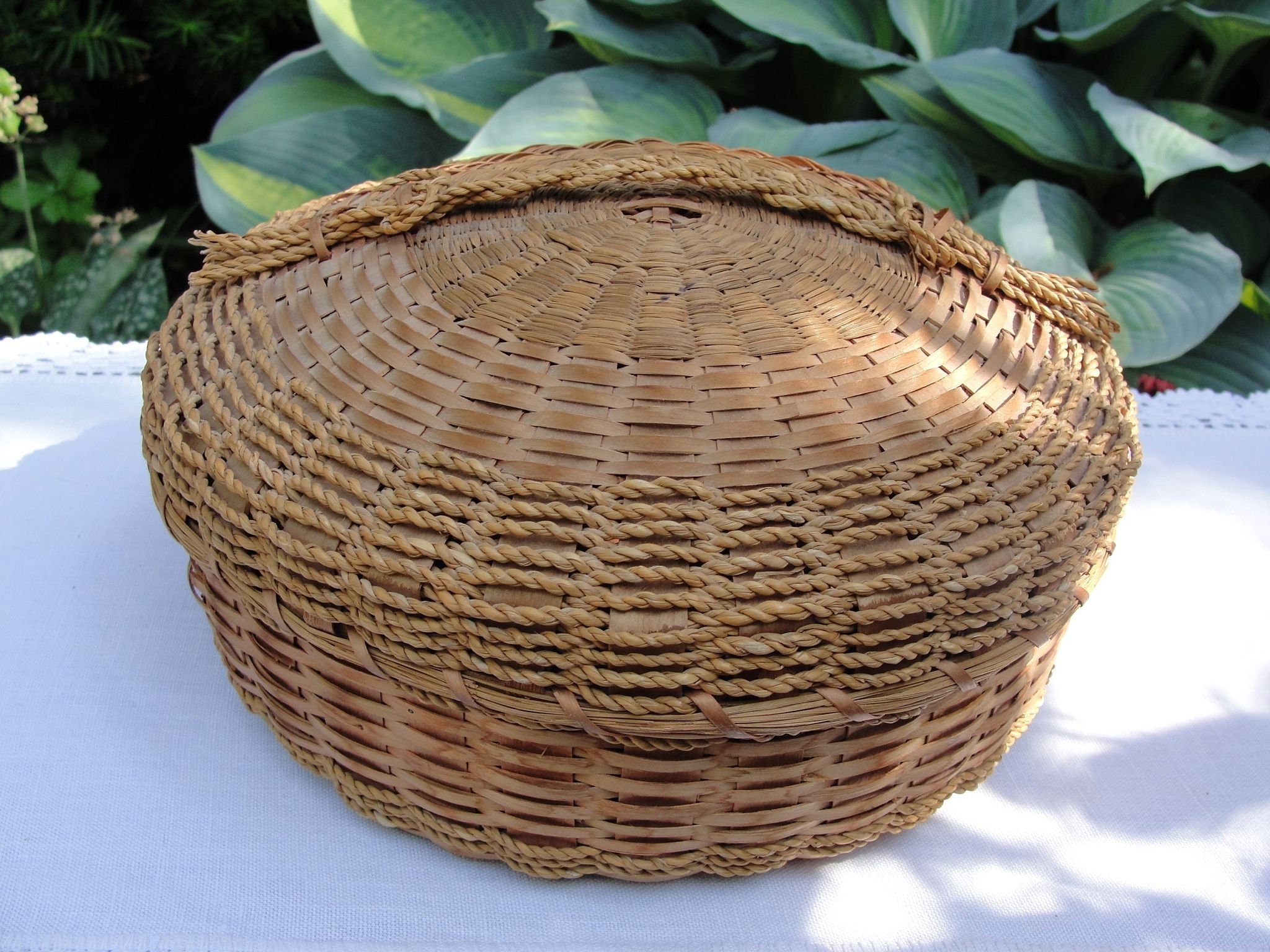 Vintage French Woven Sewing Basket Purse Brevete S.G.D.V. Leather Fabric  Wood