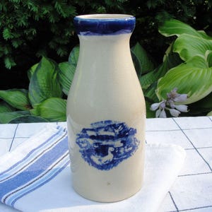 Vintage Pottery Milk Bottle with Flow Blue Duck Design, Indigo Lip Band, 6.5" tall, Primitive Creamer, Vase, Rustic Farmhouse Decor