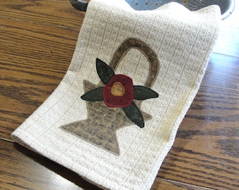 Hand Appliqued Tea Towel - Basket with Red Flower on Beige Textured Cotton Toweling, Primitive Rustic Kitchen Decor