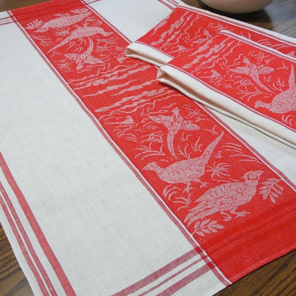 Vintage Damask Linen Pheasant Towel - Red White French Provence Rustic Country Decor Torchon - NOS Guest, Hand, Show Towel - 3 available