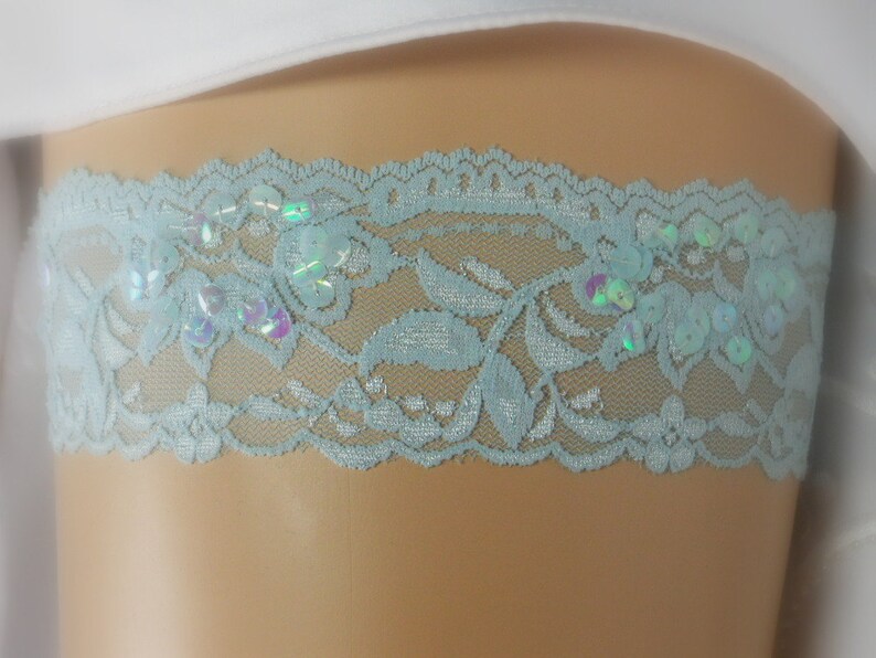 Sequined Garter in Pale Blue stretch lace dotted with sparkling iridescent sequins