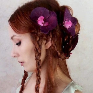 Purple flower clip set, beach wedding, plum orchid hair pin, hair flowers, bridal dress clip, simple floral clip, tropical hair accessories